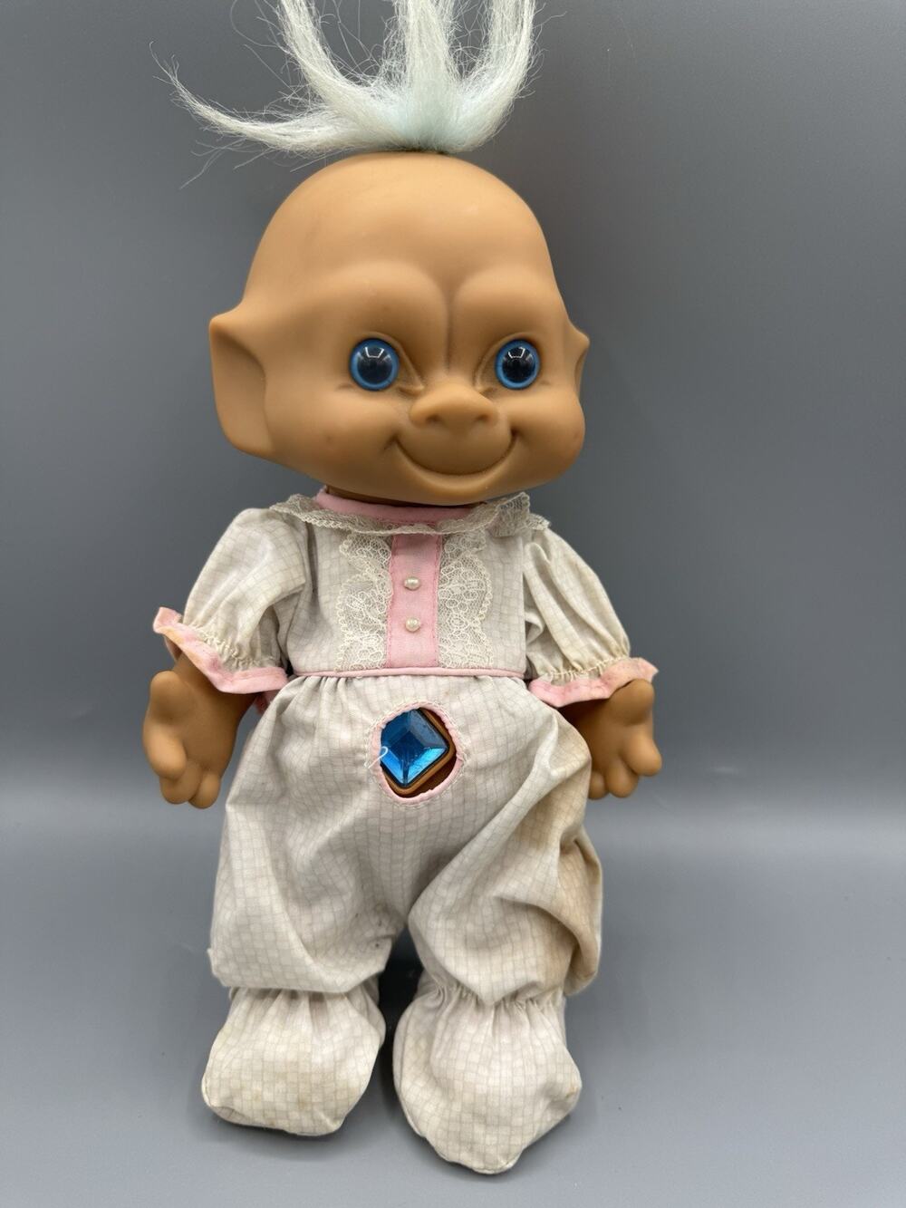 Vintage 1991 Ace Novelty Treasure Troll Doll Blue Diamond Jewel 10” Blue Hair